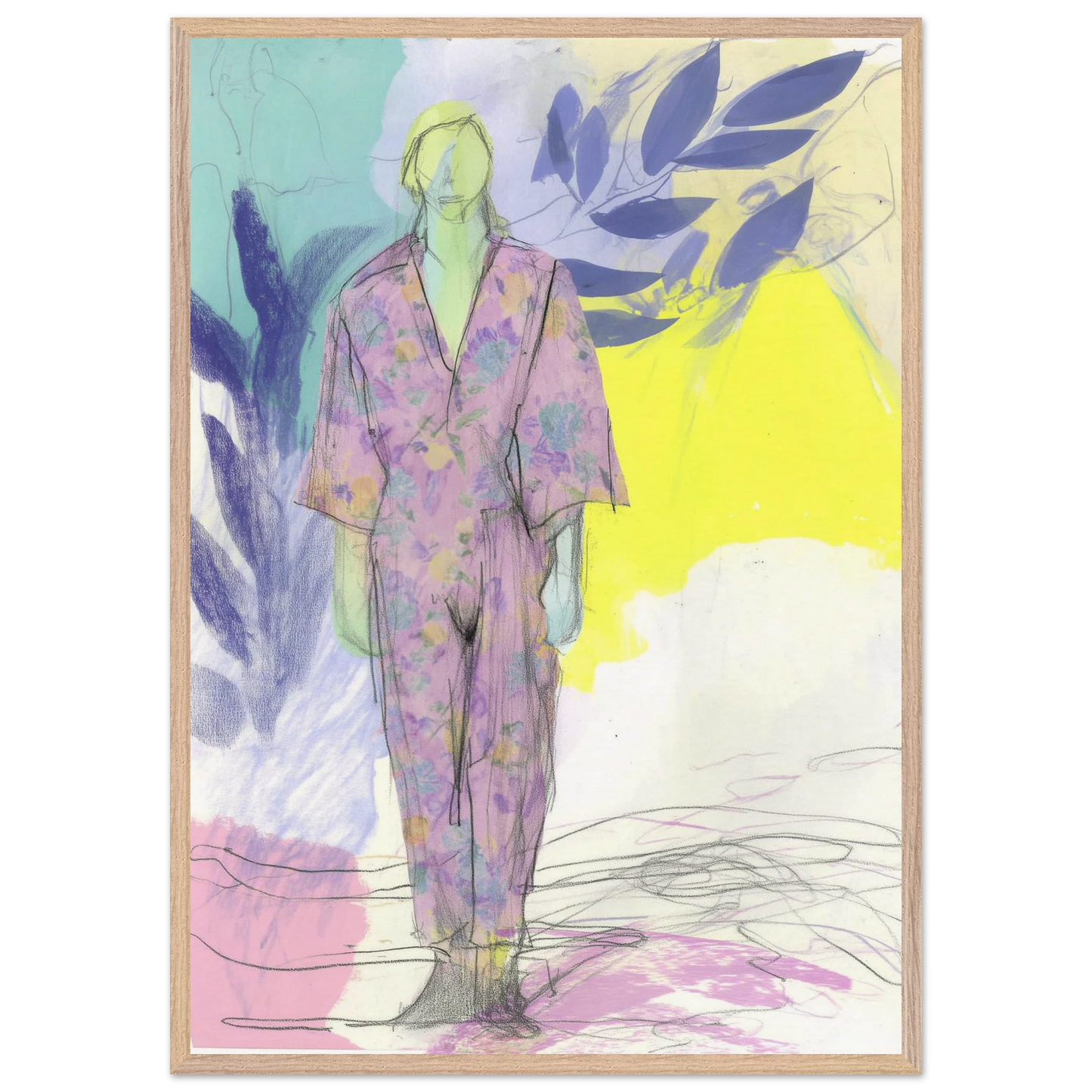 Kimono Fleuri sous les Feuilles — tableau encadré bois — vue 3 — art mural STNCL