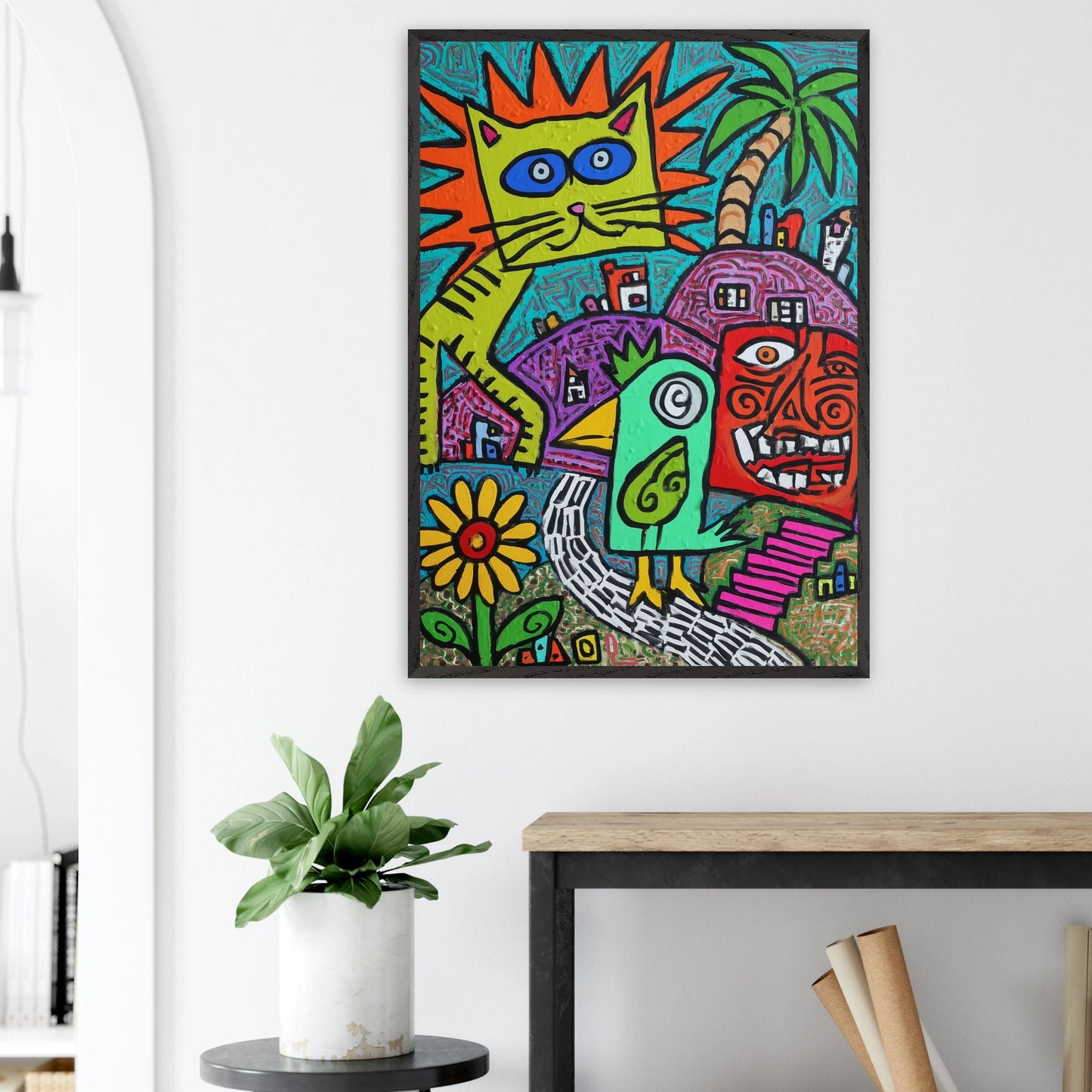 La Fête du Chat Solaire — tableau encadré bois — vue 18 — art mural STNCL