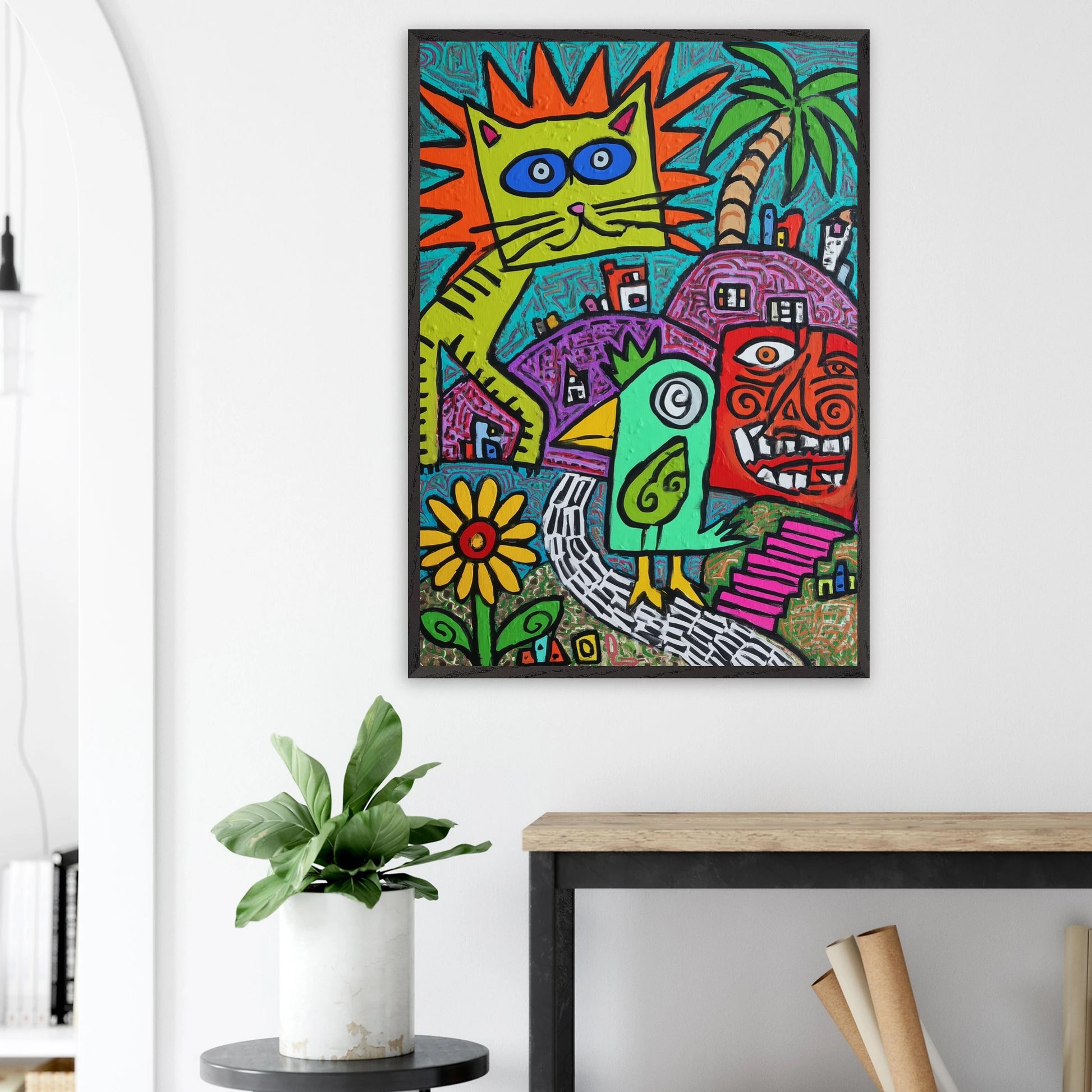 La Fête du Chat Solaire — tableau encadré bois — vue 18 — art mural STNCL