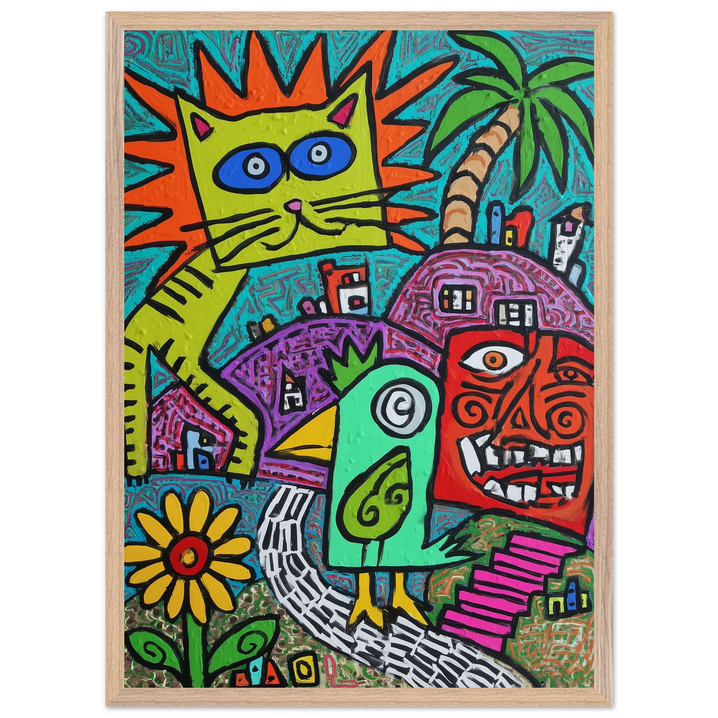 La Fête du Chat Solaire — tableau encadré bois — vue 13 — art mural STNCL