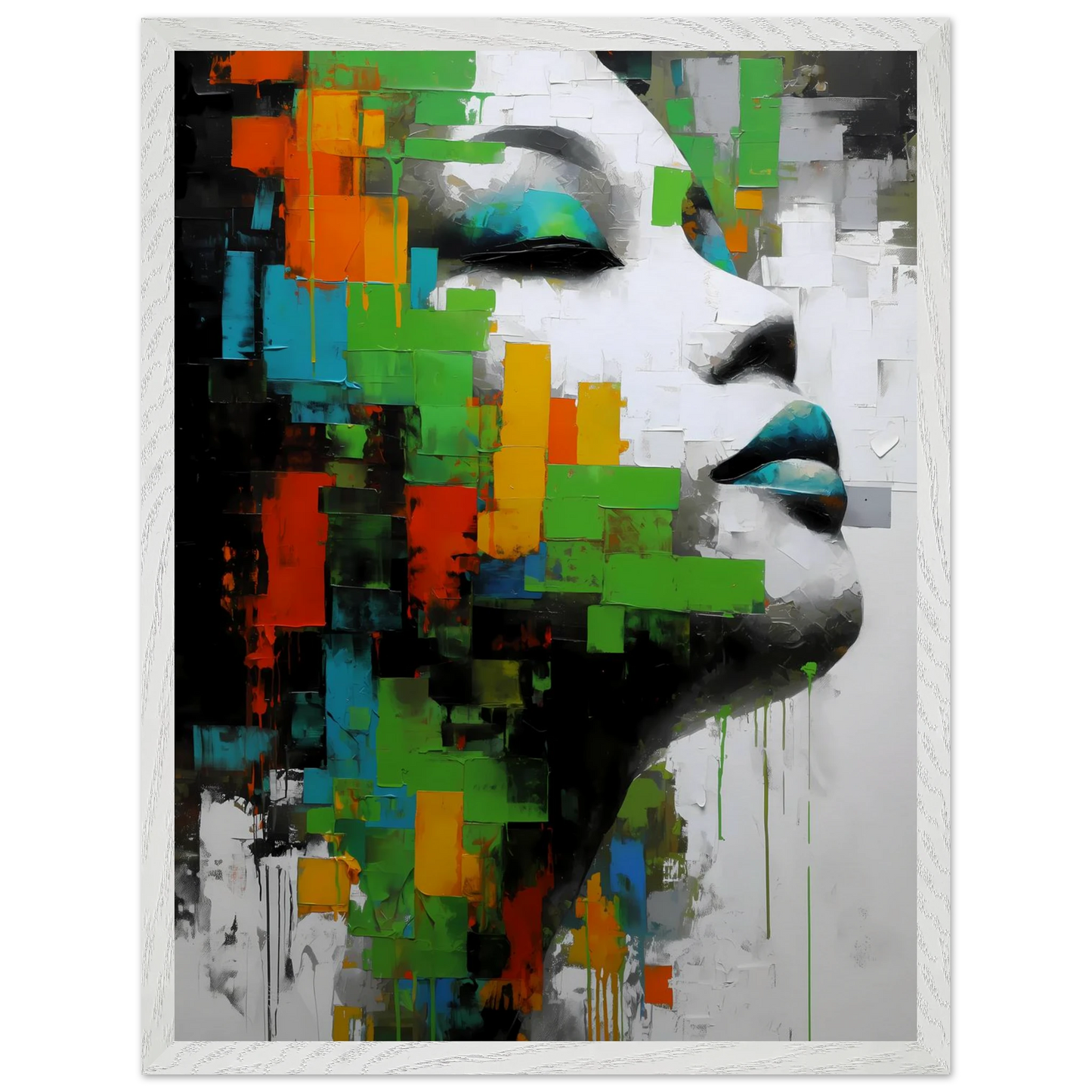 Visage en Éclats Verts — tableau encadré bois — vue 8 — art mural STNCL