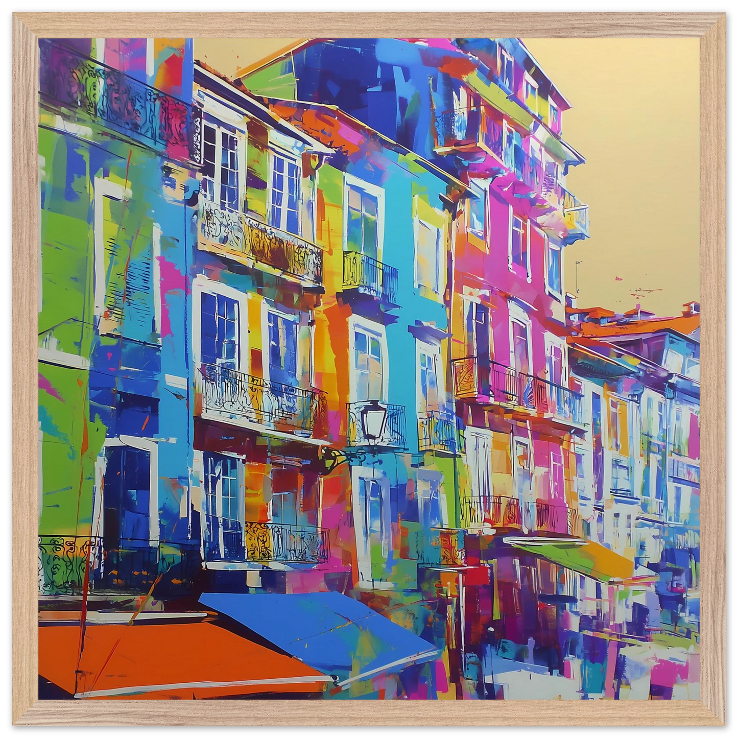 Balcons Colorés — tableau encadre bois — vue 3 — art mural STNCL