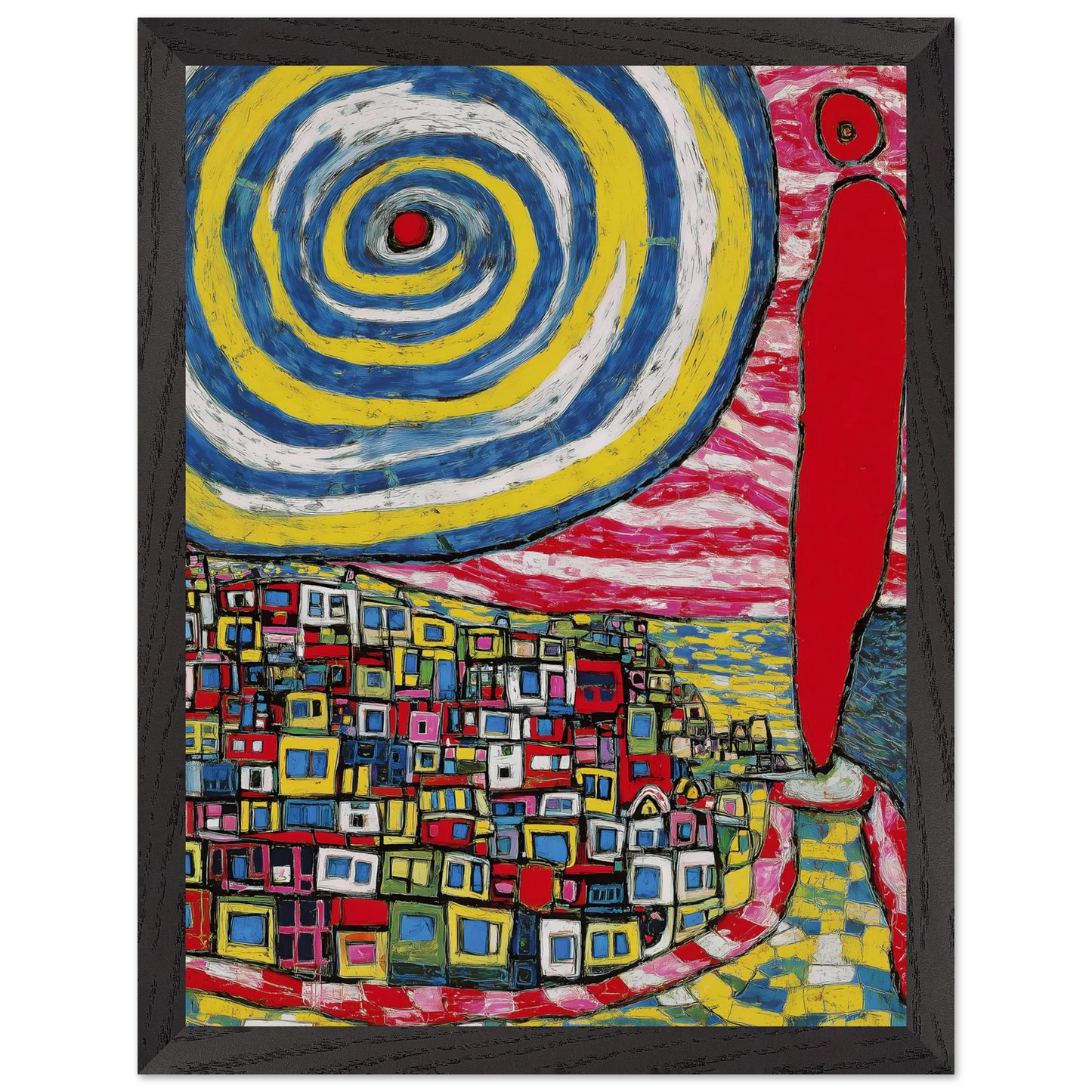 La Spirale et les Maisons — tableau encadré bois — vue 4 — art mural STNCL