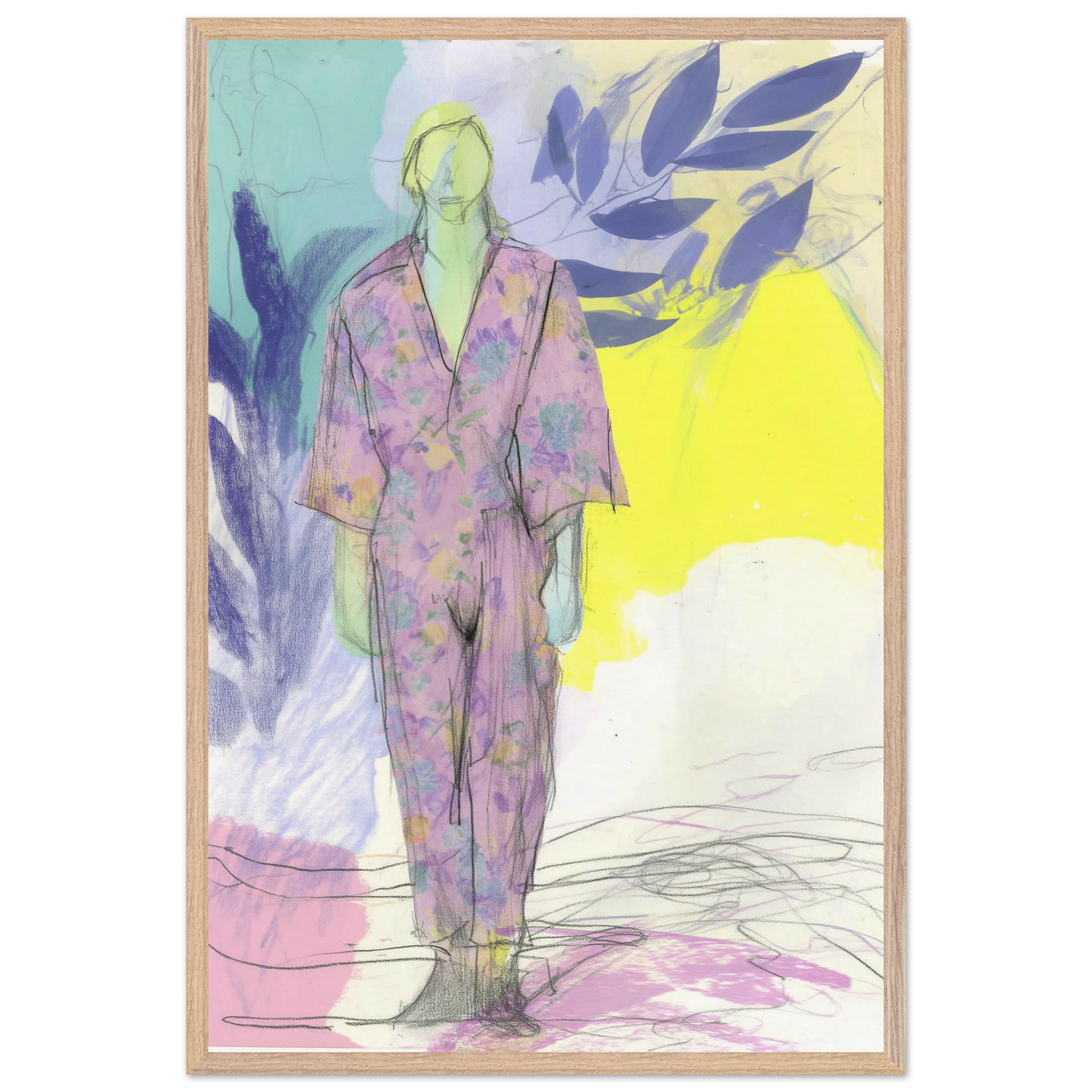 Kimono Fleuri sous les Feuilles — tableau encadré bois — vue 5 — art mural STNCL
