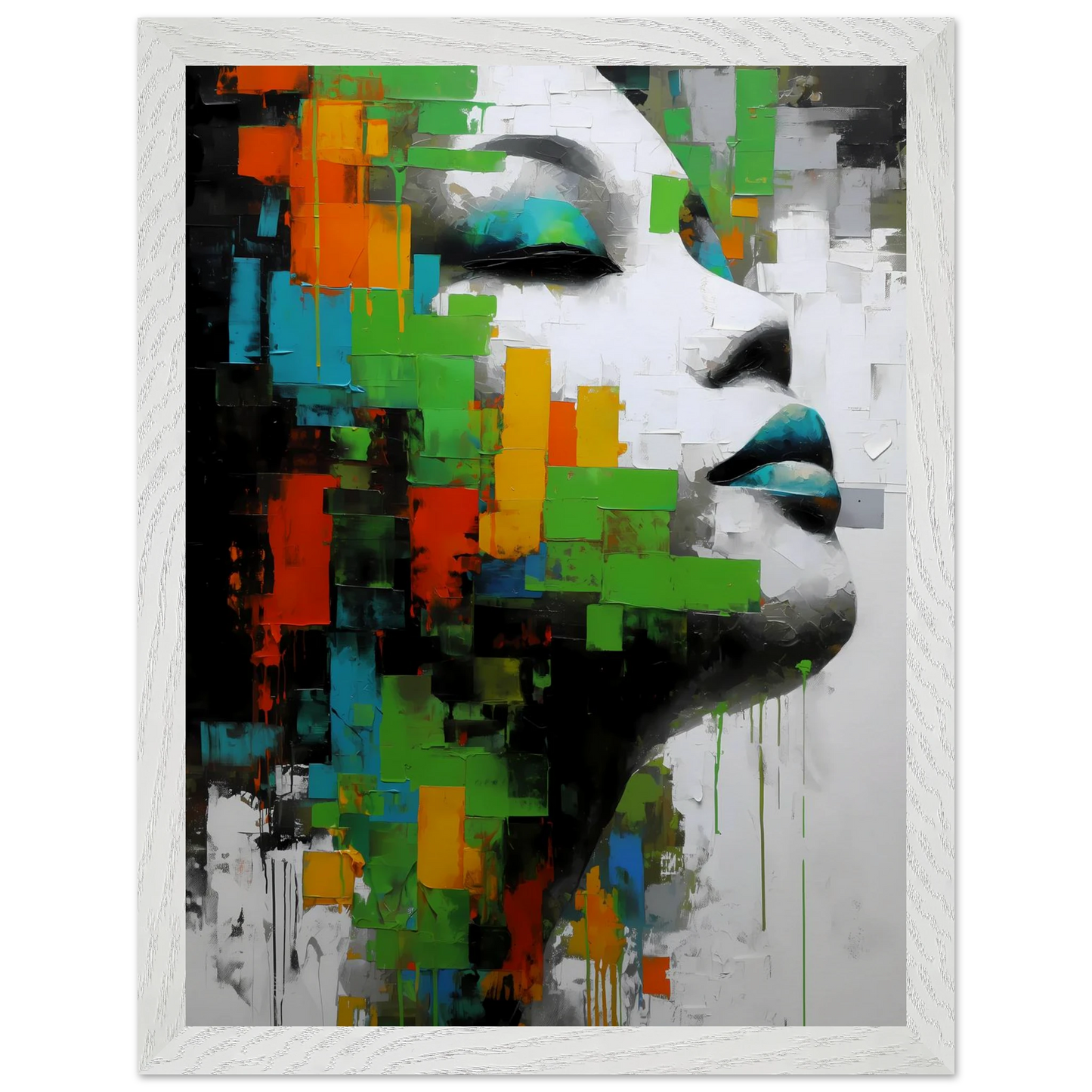 Visage en Éclats Verts — tableau encadré bois — vue 9 — art mural STNCL