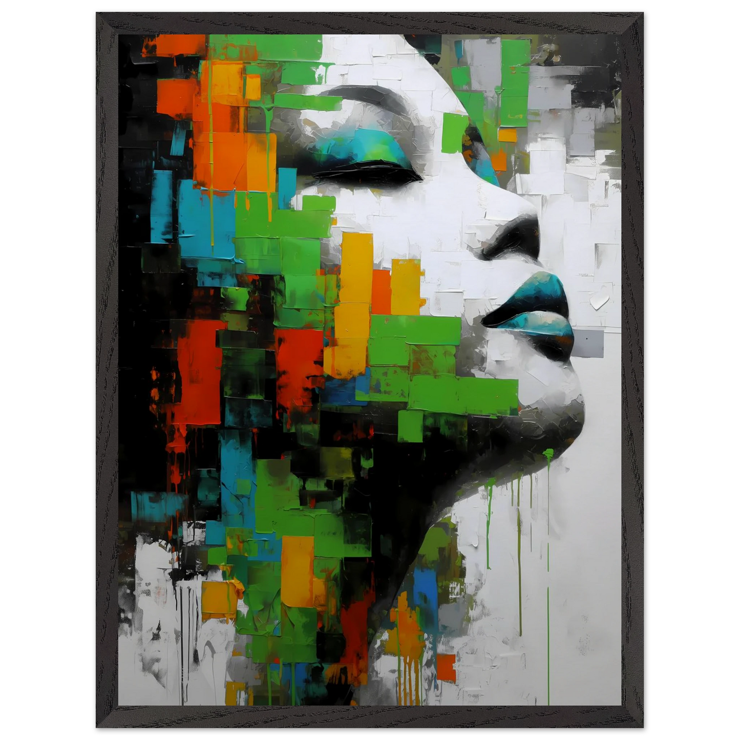 Visage en Éclats Verts — tableau encadré bois — vue 15 — art mural STNCL