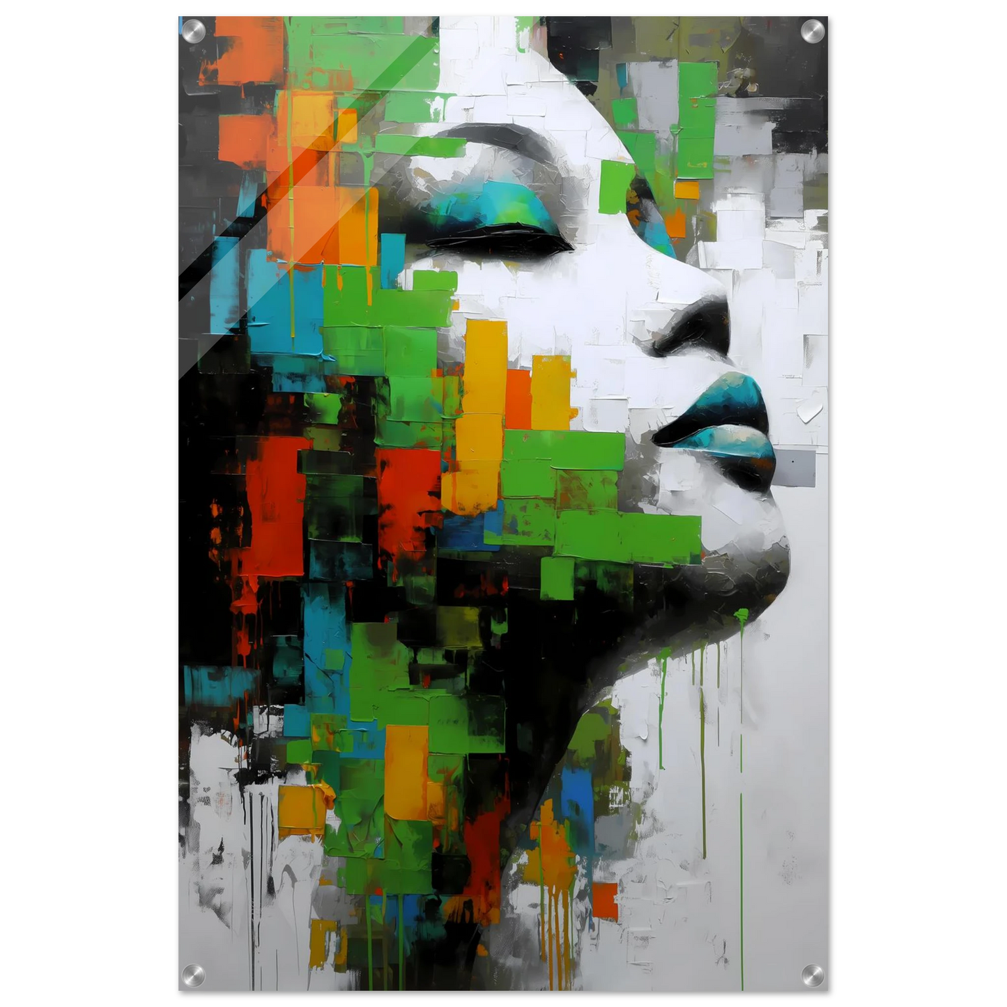 Visage en Éclats Verts — tableau plexiglas — vue 5 — art mural STNCL