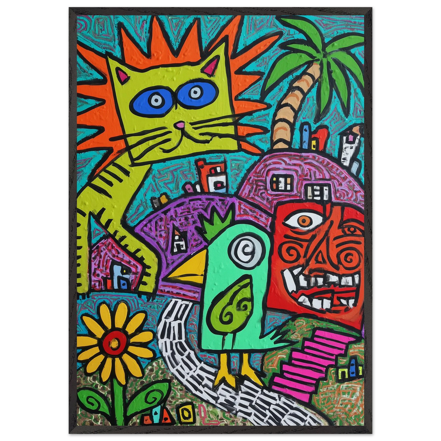 La Fête du Chat Solaire — tableau encadré bois — art mural STNCL