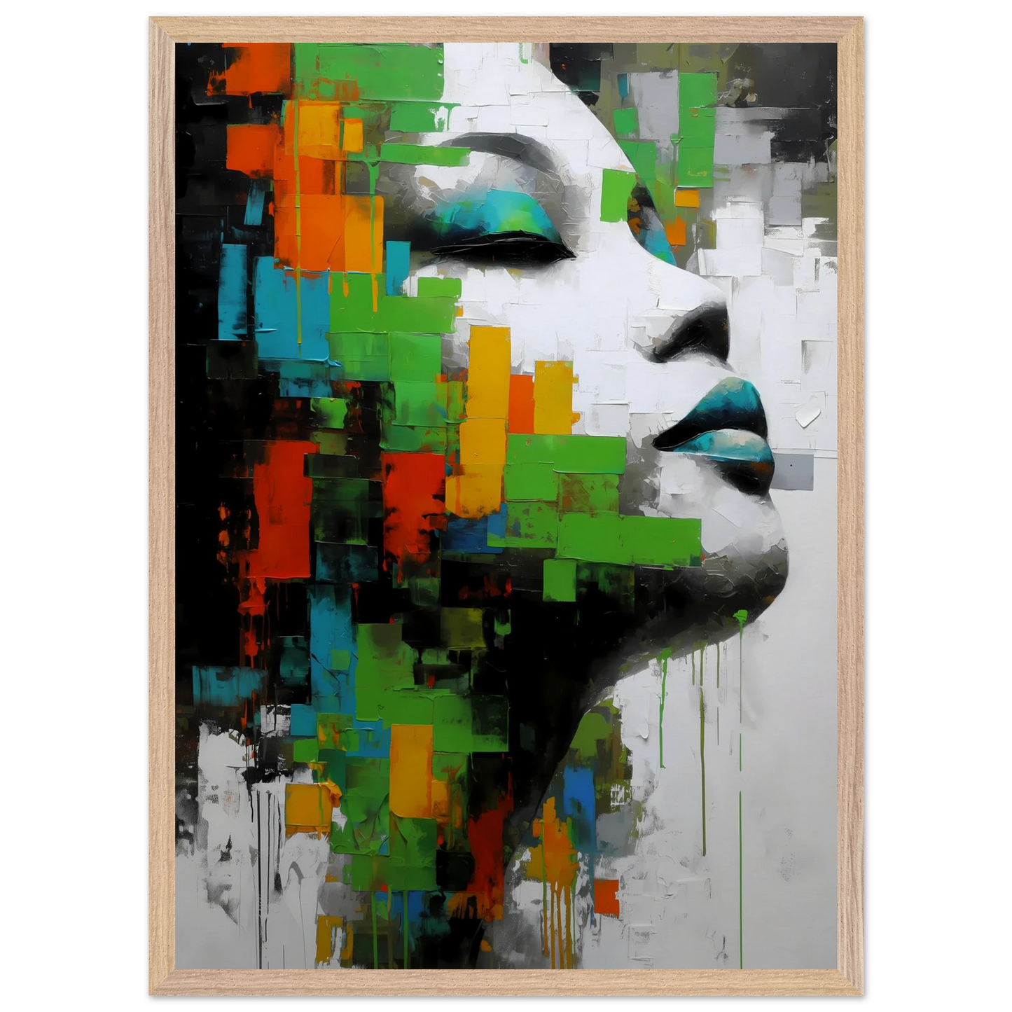 Visage en Éclats Verts — tableau encadré bois — vue 13 — art mural STNCL