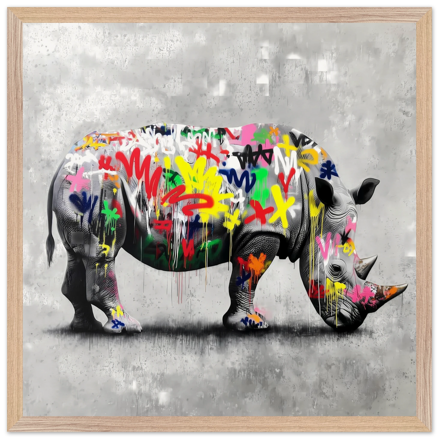 Rhinocéros Bombé — tableau encadré bois — vue 3 — art mural STNCL