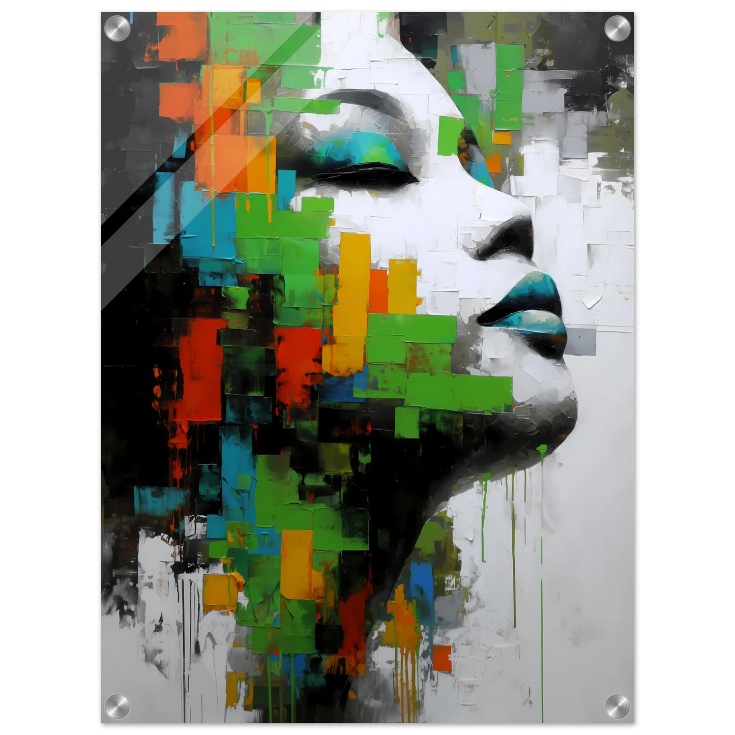 Visage en Éclats Verts — tableau plexiglas — vue 4 — art mural STNCL