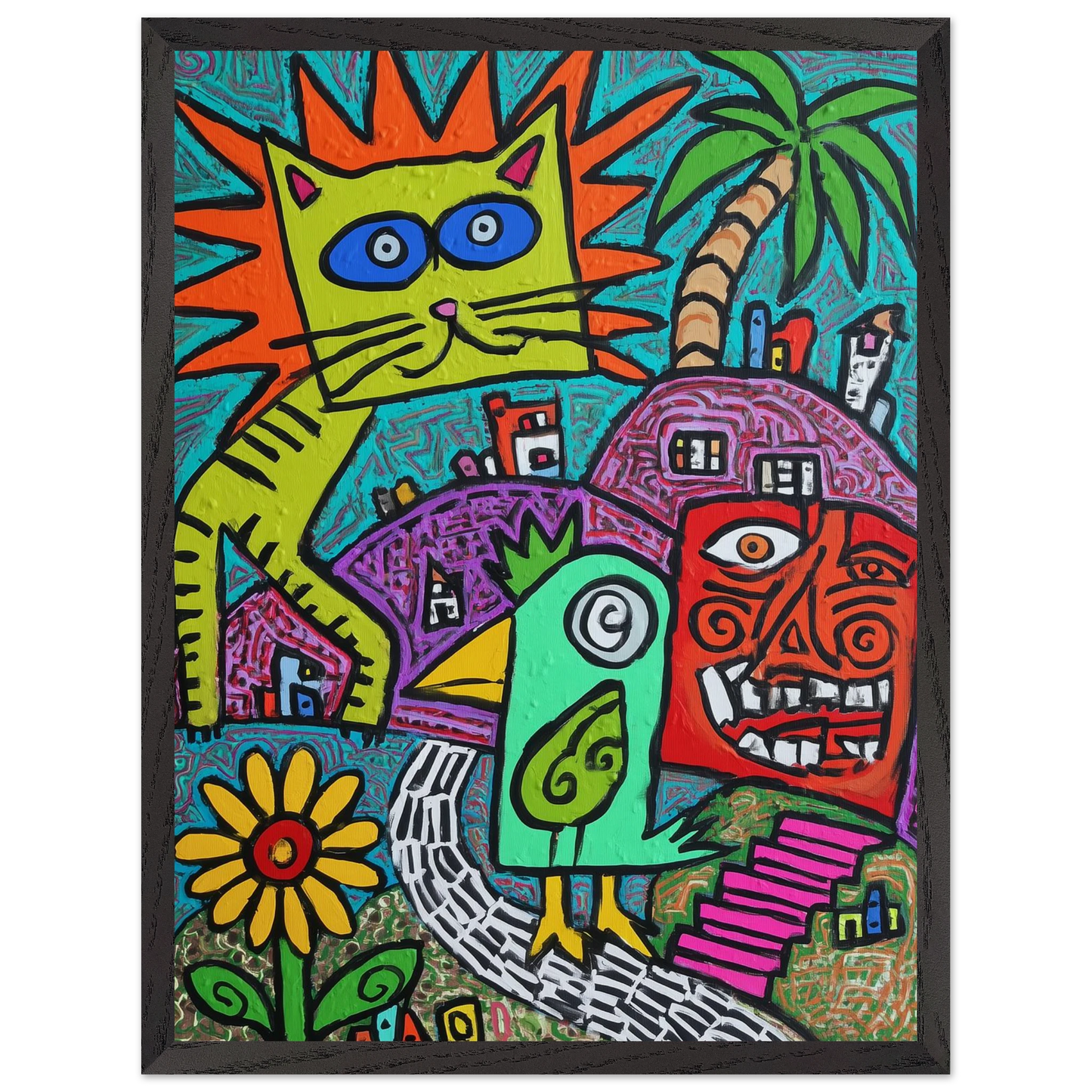 La Fête du Chat Solaire — tableau encadré bois — vue 2 — art mural STNCL