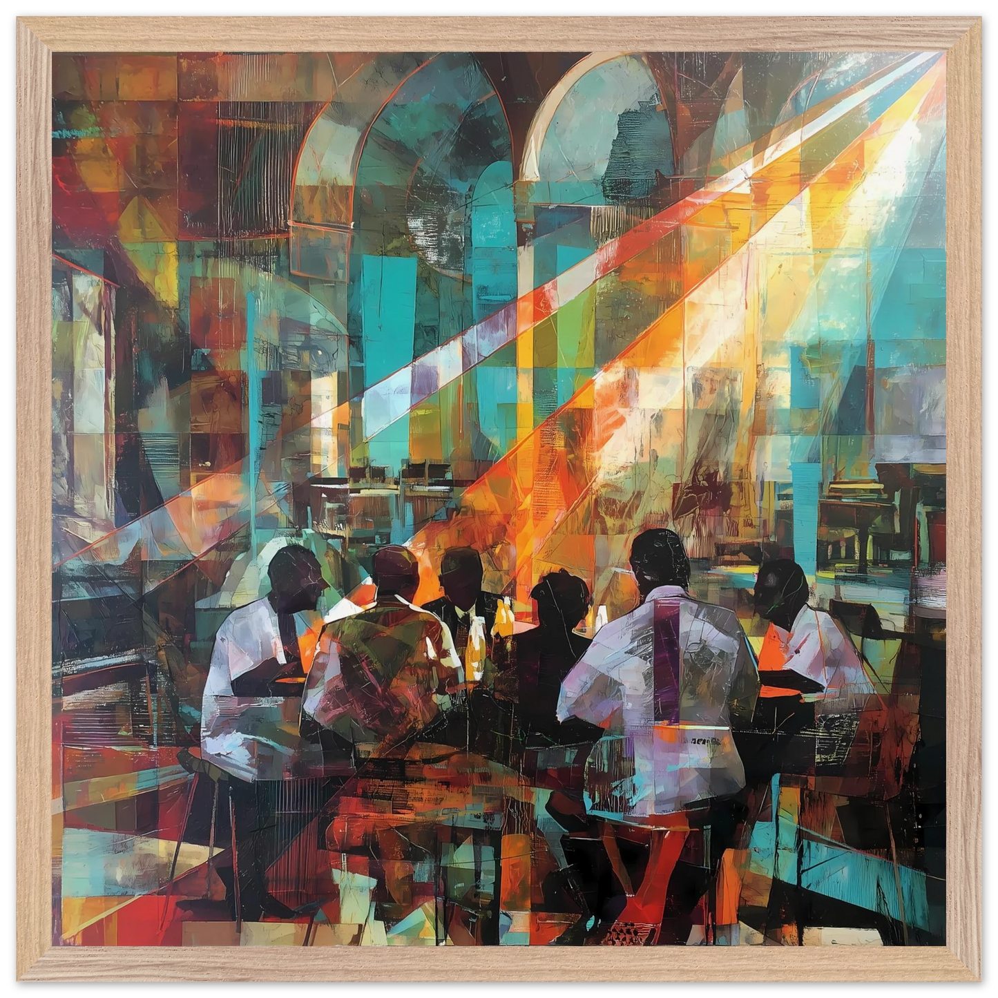 Rencontre au Café — tableau encadre bois — vue 3 — art mural STNCL