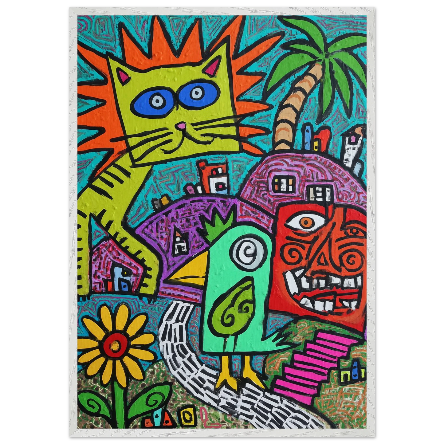 La Fête du Chat Solaire — tableau encadré bois — vue 11 — art mural STNCL