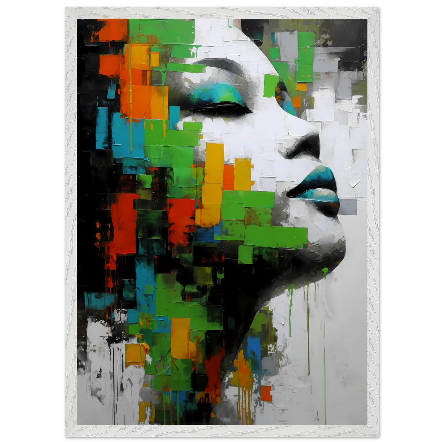 Visage en Éclats Verts — tableau encadré bois — vue 11 — art mural STNCL
