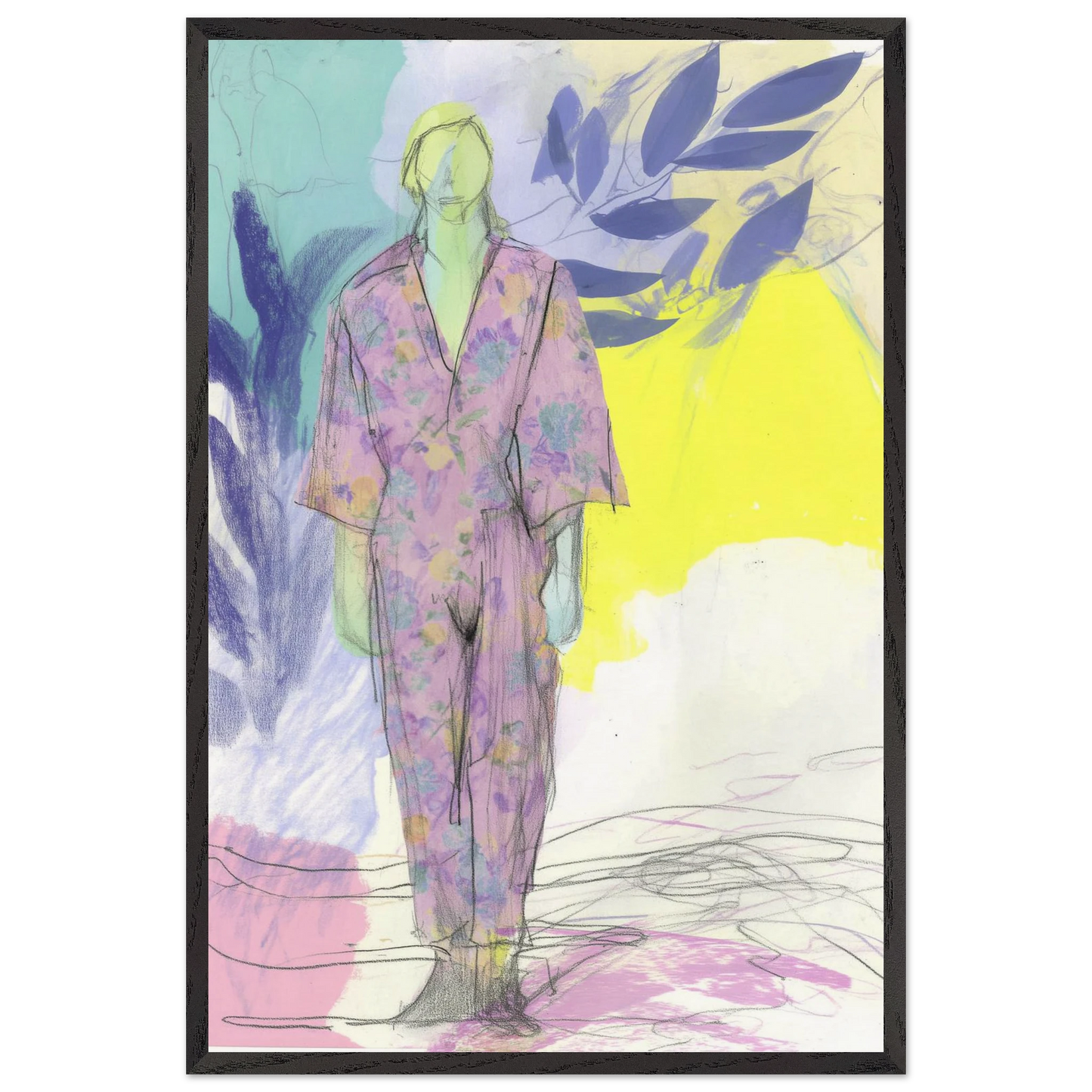 Kimono Fleuri sous les Feuilles — tableau encadré bois — vue 15 — art mural STNCL