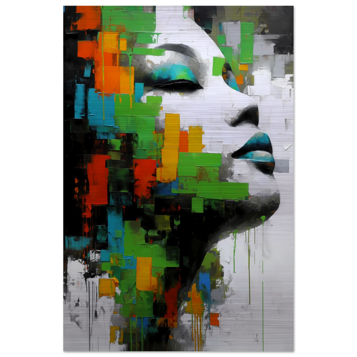 Visage en Éclats Verts — tableau aluminium — vue 3 — art mural STNCL