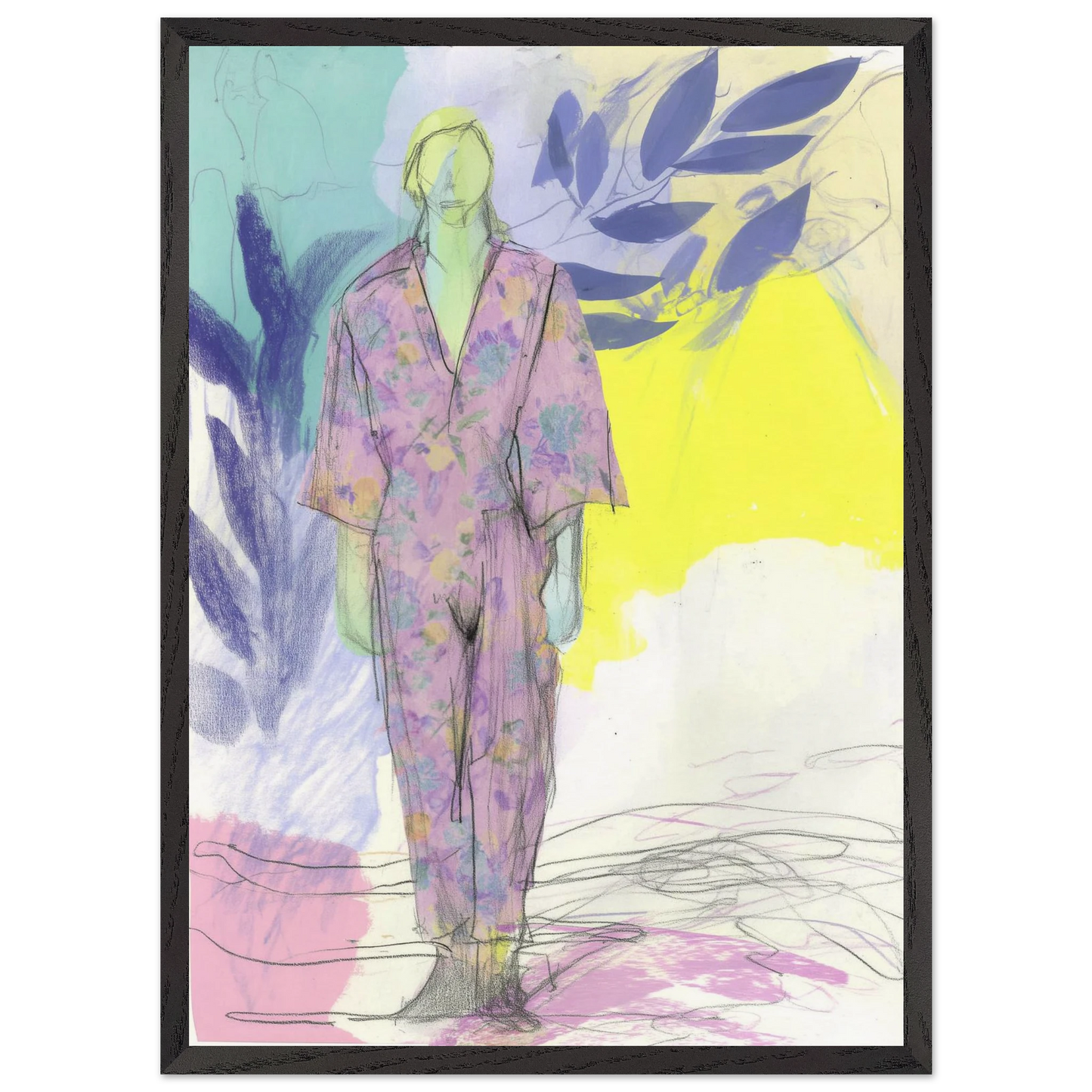Kimono Fleuri sous les Feuilles — tableau encadré bois — vue 9 — art mural STNCL